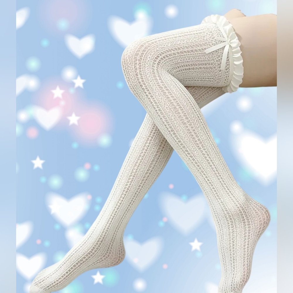 White Lace Thigh High Stockings Ruffle Bow Sheer Crochet One Size
